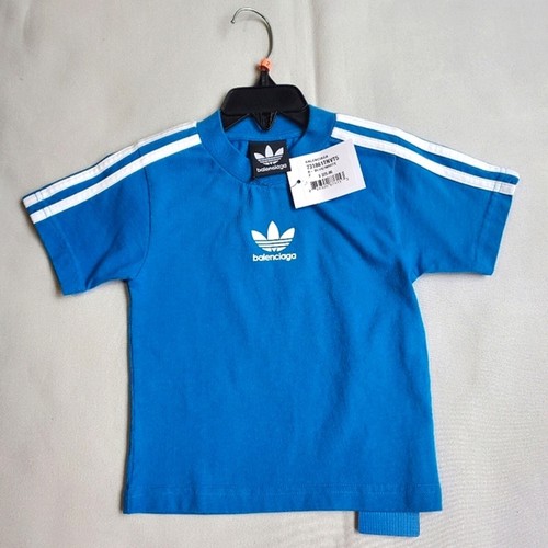 Neu mit Etikett 325 $ Balenciaga Kinder x Adidas Logo Baumwolle blau weiß T-Shirt Oberteil Gr. 2 Jahre