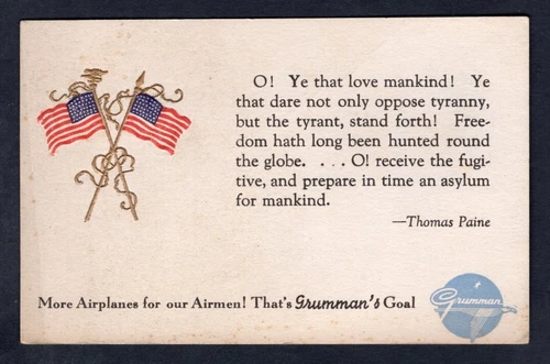 USA WW2 Military Airforce 1940s GRUMMAN AIRCRAFT Promo Card. Patriotic. Flags