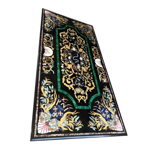 Black Marble Inlay Stone Centerpiece Dining Table Pietra Dura Art Handmade Gifts - Picture 3 of 5