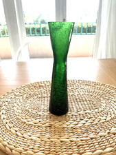 Emerald Green Crackle Glass Vase- 9 " X 2"