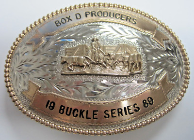 Gold and Silver Cowboy Buckle, 5'' x 3.5'' ADM Silversmith Collection 1989 Box D