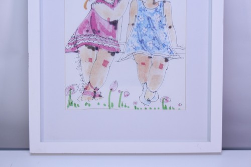 Quadro vintage Elizabeth Nabie arte incorniciato opaco piccoli segreti disegno penna firmata - Foto 3 di 14