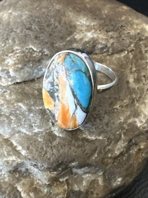Blue Turquoise Spiny Oyster Southwestern Sterling Silver Ring Size