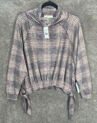#ad Farmers Market Top Womens Small Purple Plaid Bubble Hem Oversized Blouse NWT $14.70
