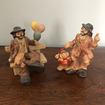 Vintage Emmett Kelley Clown On Bench Balloons & with Monkey Flambro Collectibes