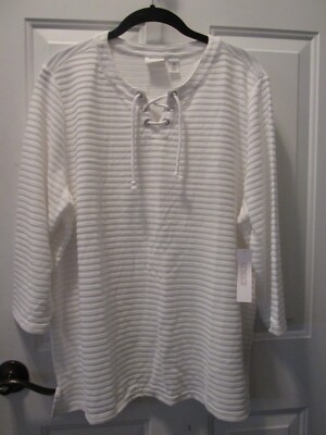 CHICO'S WEEKENDS BAXTER LACE UP 3/4 SLEEVE OPTIC WHITE TOP SIZE 3 (16/18-XL)
