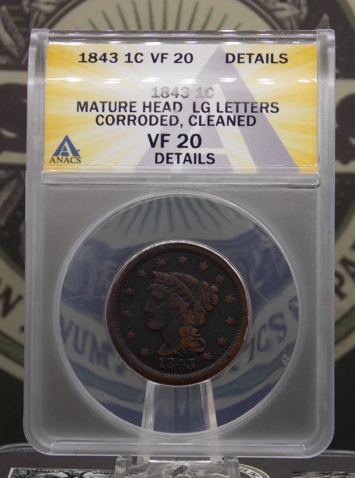 1843 Braided Hair Head Large Cent Mature Lg Let 1c ANACS VF20 Details #151 ECC&C - Image 3 of 4