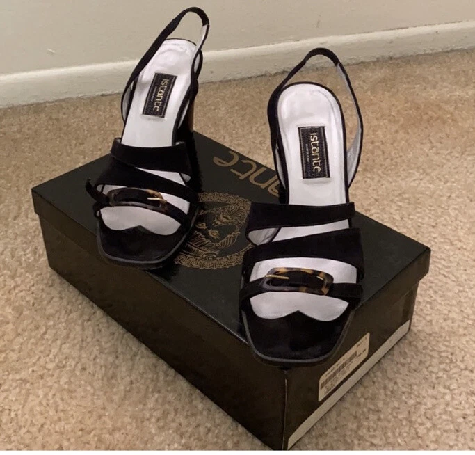 BNIB ISTANTE VERSACE BLACK SUEDE STRAPPY SANDALS W/TORTOISESHELL HEELS & BUCKLE - Image 3 of 4