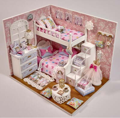 Dollhouse Miniature with Furniture DIY House Kit Girl's Room with Lights 
