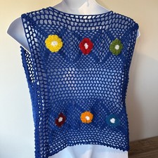 Handmade Crochet Vest Flowers Wide Woven Blue Open Front Fits M Boho Hippie