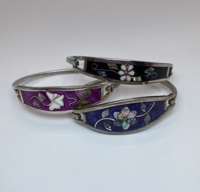 Pick (1)Mexico Silver Abalone Inlay Tension Cuff Bracelet-Black,Purple, or Pink