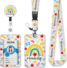 Rainbow Teacher Badge Holder with Retractable Lanyard, Lanyards for ID Badges Na