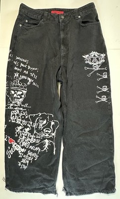 Jaded London Wide Leg Baggy Y2K Black Dog Print Colossus Jeans 34 X 30