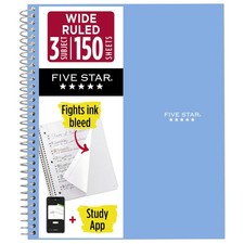 Five Star Spiral Notebook 3 Subject Wide Ruled 150 Sheets Water Resistant Cover
