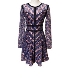 Floral Navy Sheer Long Sleeve Dress Knee Length Piping SZ Small Gothic Ruffle
