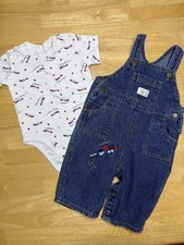 VTG OshKosh Baby Overalls Bodysuit Set Boys 6-9M Train Blue White Denim Outfit