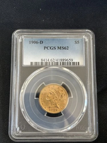 1906-D $5 Liberty Head Gold Half Eagle PCGS MS62 Certified Pre-1933 Coin