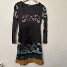 Ellea Paris Size M Grey Knee-Length Sweater Dress Long Sleeve Embroidery