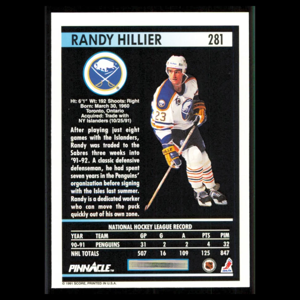 Randy Hillier #281 1991 Pinnacle Buffalo Sabres Hockey Card NHL NM - Image 2 of 3