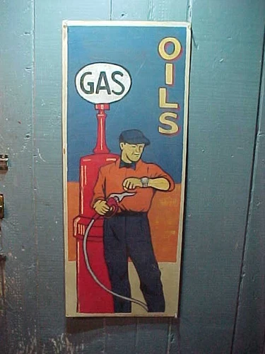 Vintage GAS + OILS Hand PAINTED METAL SIGN Stanford Crowell Co ITHACA SIGN WORKS