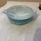 Vintage Amish Turquoise Butter print Casserole Dish 1 Pint With Lid Read
