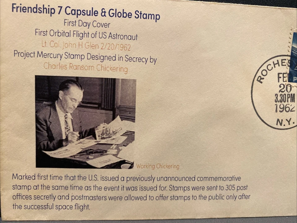 US Space FDC 1962 ROCHESTER NY Project Mercury First Day Cover Chickering Cachet - Image 2 of 4