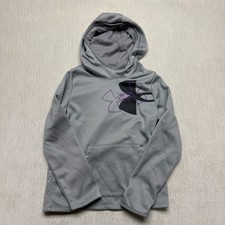 Under Armour Hoodie Girls Medium Gray Purple Graphic Logo Fleece Lined Loose Fit