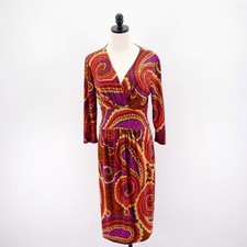 Talbots Size 4 Purple Orange Paisley Stretchy Material Long Dress Long Sleeve