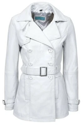 Damen & Damen Weiß Echt Lammleder Trenchcoat mit Gürtel Modisch Mac Mantel - Bild 1 von 4