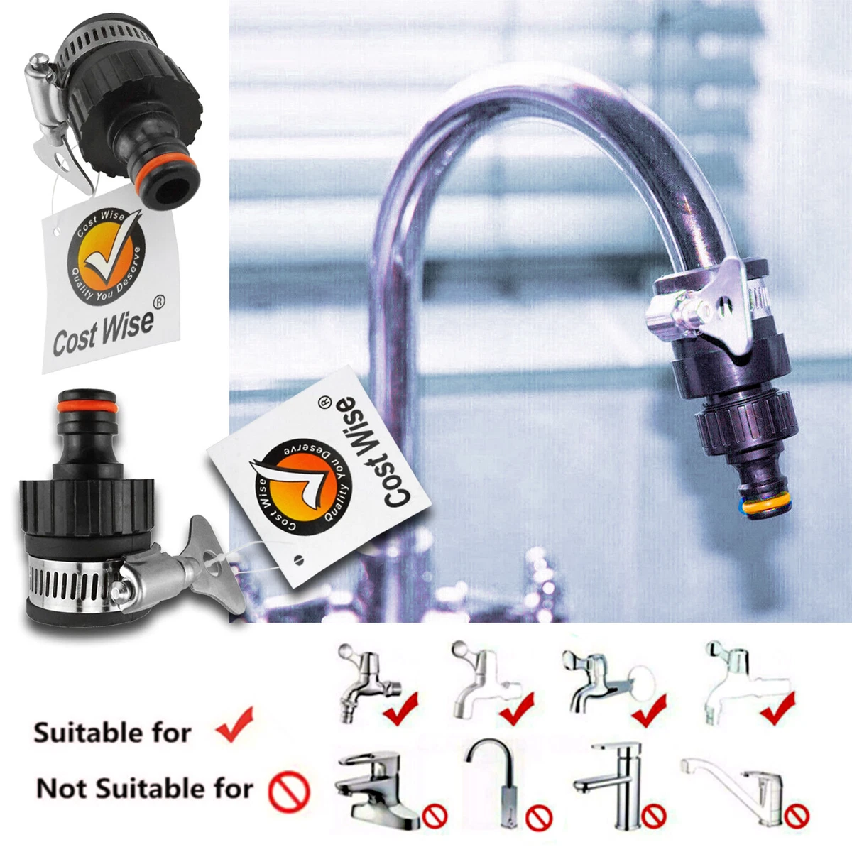 RUBBER HOSE PIPE CONNECTOR for Tap 22mm 25mm To Garden Mixer Kitchen Adaptor