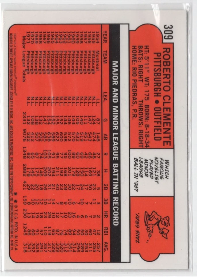 1997 Topps Roberto Clemente Finest ROBERTO CLEMENTE #309 - Image 2 of 2