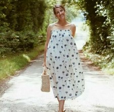 H&M Off White Blue Floral Midi Maxi Strappy Summer Dress Size M 12 14 16 Beach