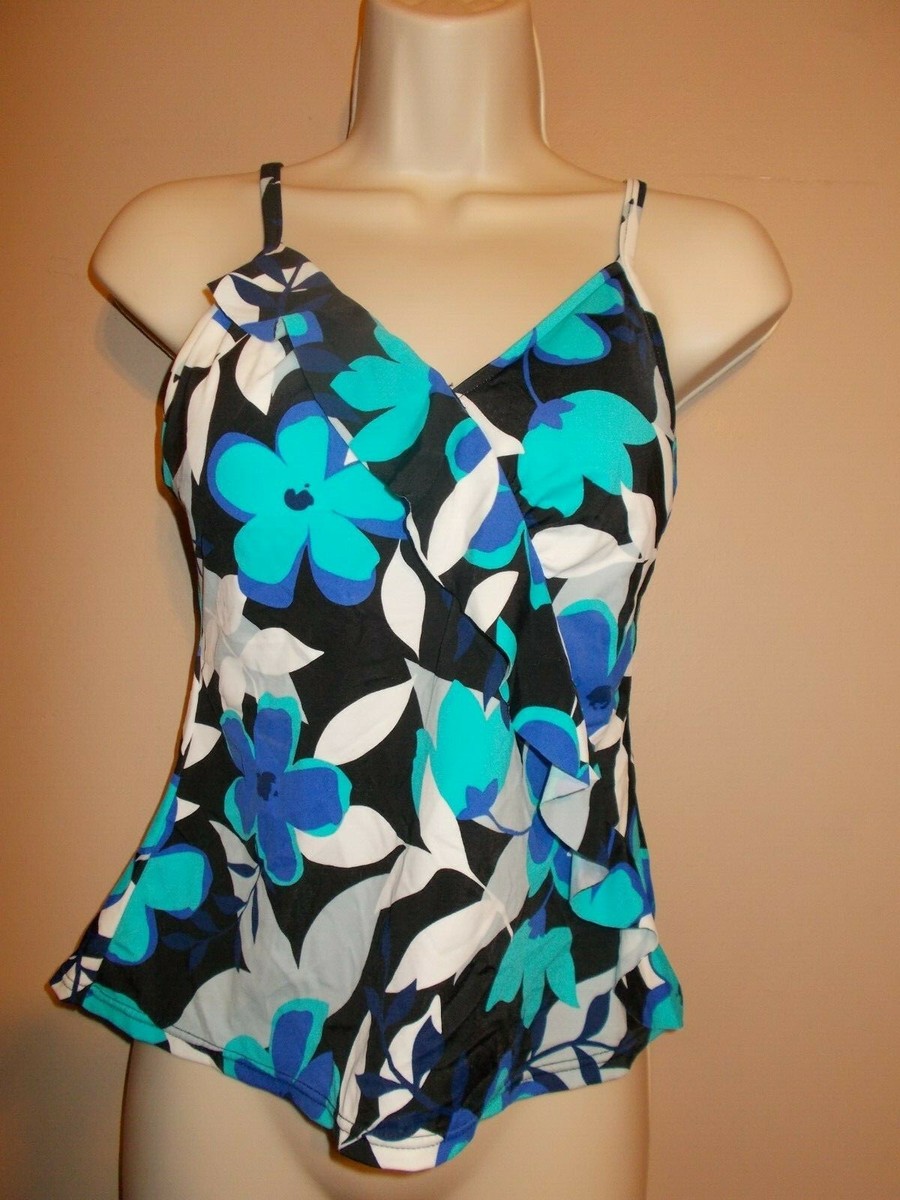 Caribbean Joe Womens Size Tankini Top Soft Cup Shelf Bra One Ruffle Front
