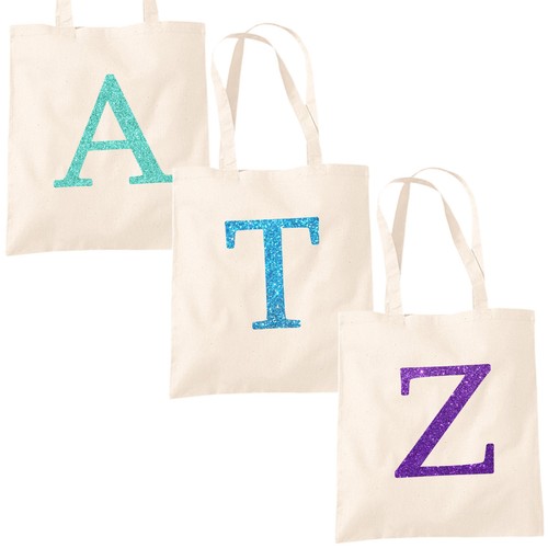 Sola letra Brillo Impreso Bolso natural-Alfabeto A-Z Iniciales Shopper |  eBay