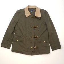 Chaps Fireman Jacket Large Women Vintage Green Lobster Clasp Chore Cord Collar
