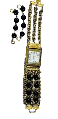 Black and Gold Vintage KJL Watch Kenneth J Lane KJL Gold Tone Watch Change Black Bead & Faux  main image 3