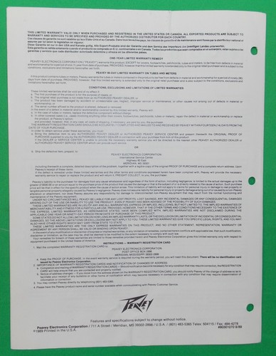 Amplificador de Bajo PEAVEY Minx 110 1989 Raro Original Manual del Propietario de Fábrica - Imagen 2 de 2