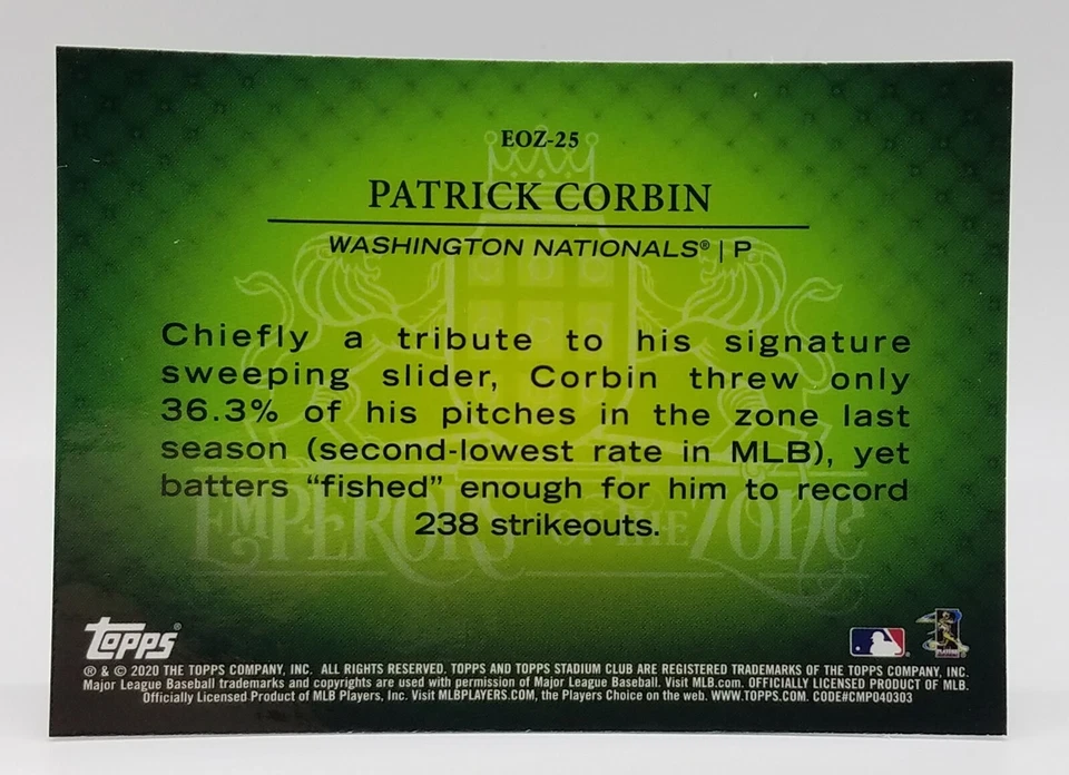 2020 Stadium Club Chrome Patrick Corbin Emperors of the Zone #EOZ-25 Nationals🔥 - Image 2 of 2