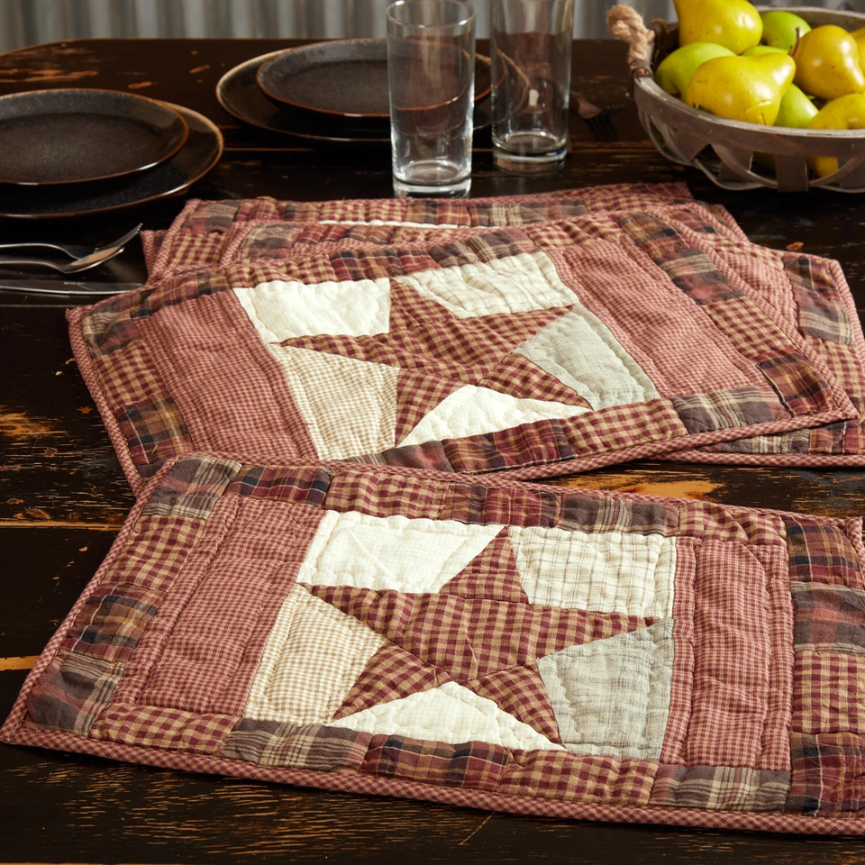 Set of 6 Hand Quilted Placemats Country Kitchen Plaid Patchwork Abilene Star - Image 2 of 4