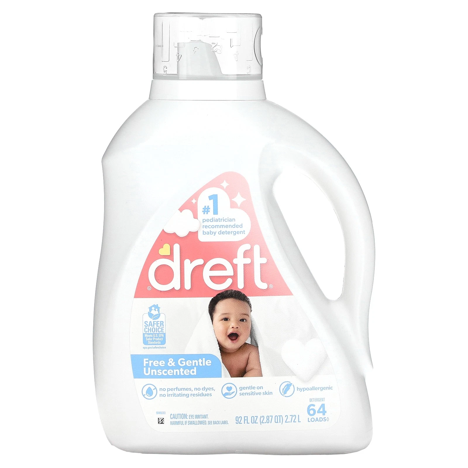 Baby Detergent, Free & Gentle Unscented, 92 fl oz (2.72 l)