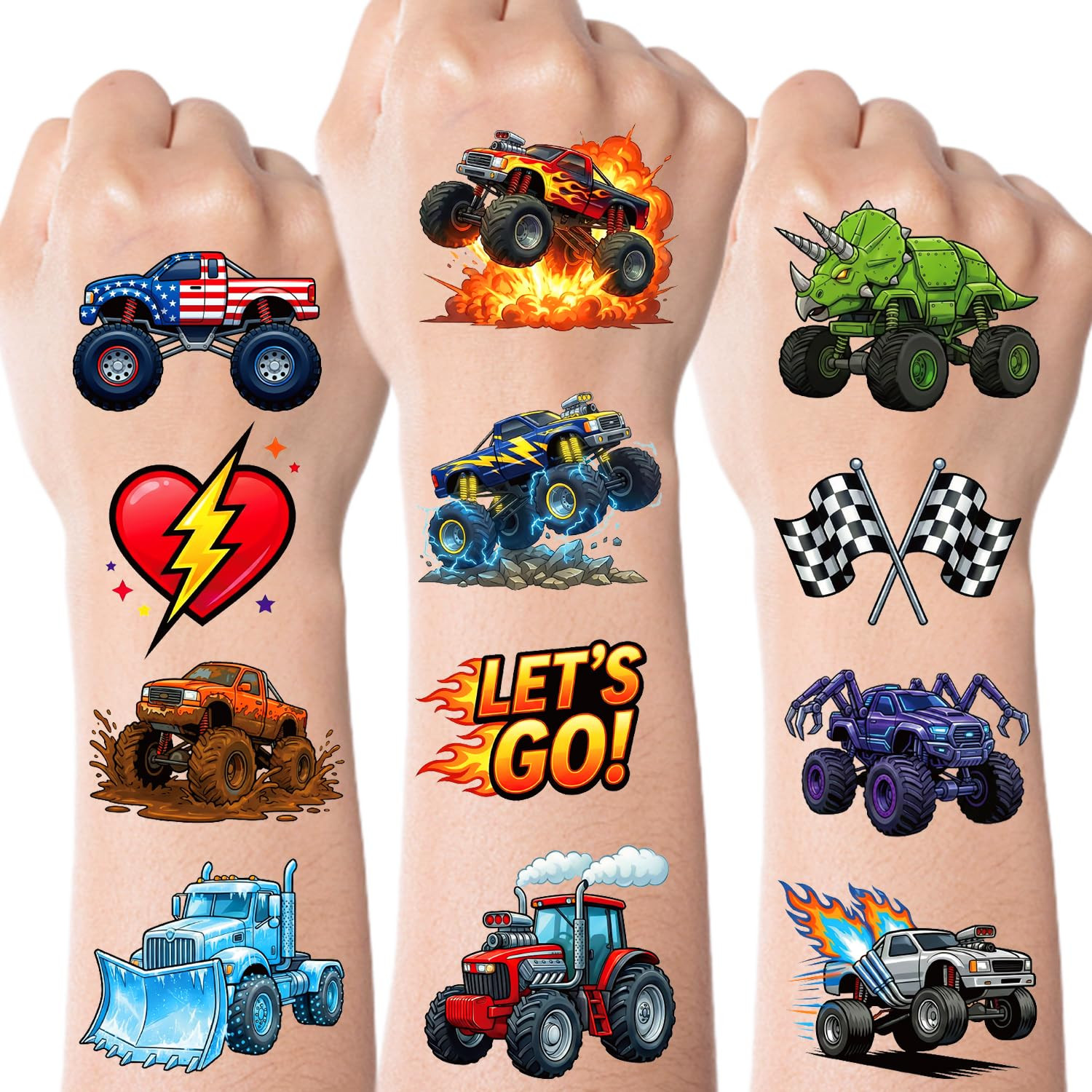Monster Truck Temporary Tattoos for Kids Boys Age 4-7, Pre-C