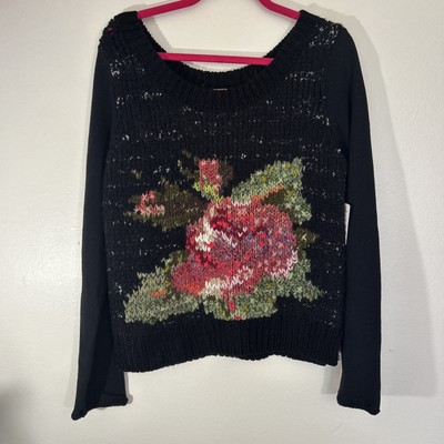 Free People Sz L Black Magic Rose Sweater Garden Academia Artsy Floral Witchy