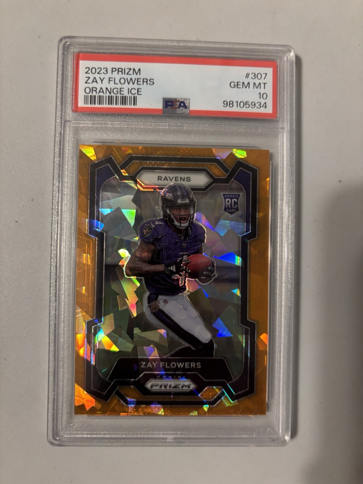 PSA 10 2023 Prizm Orange Ice Zay Flowers Rookie Card #307 Ravens RC GEM MT