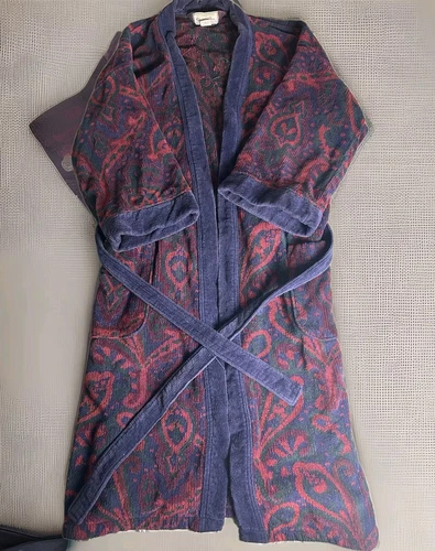 Peignoir vintage années 1990 Christian Dior Le Connaisseur tissu éponge bleu rouge cachemire OS