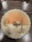 Vintage Fenton Hand Painted Milk Glass 8” Plate Signed Winter Scene