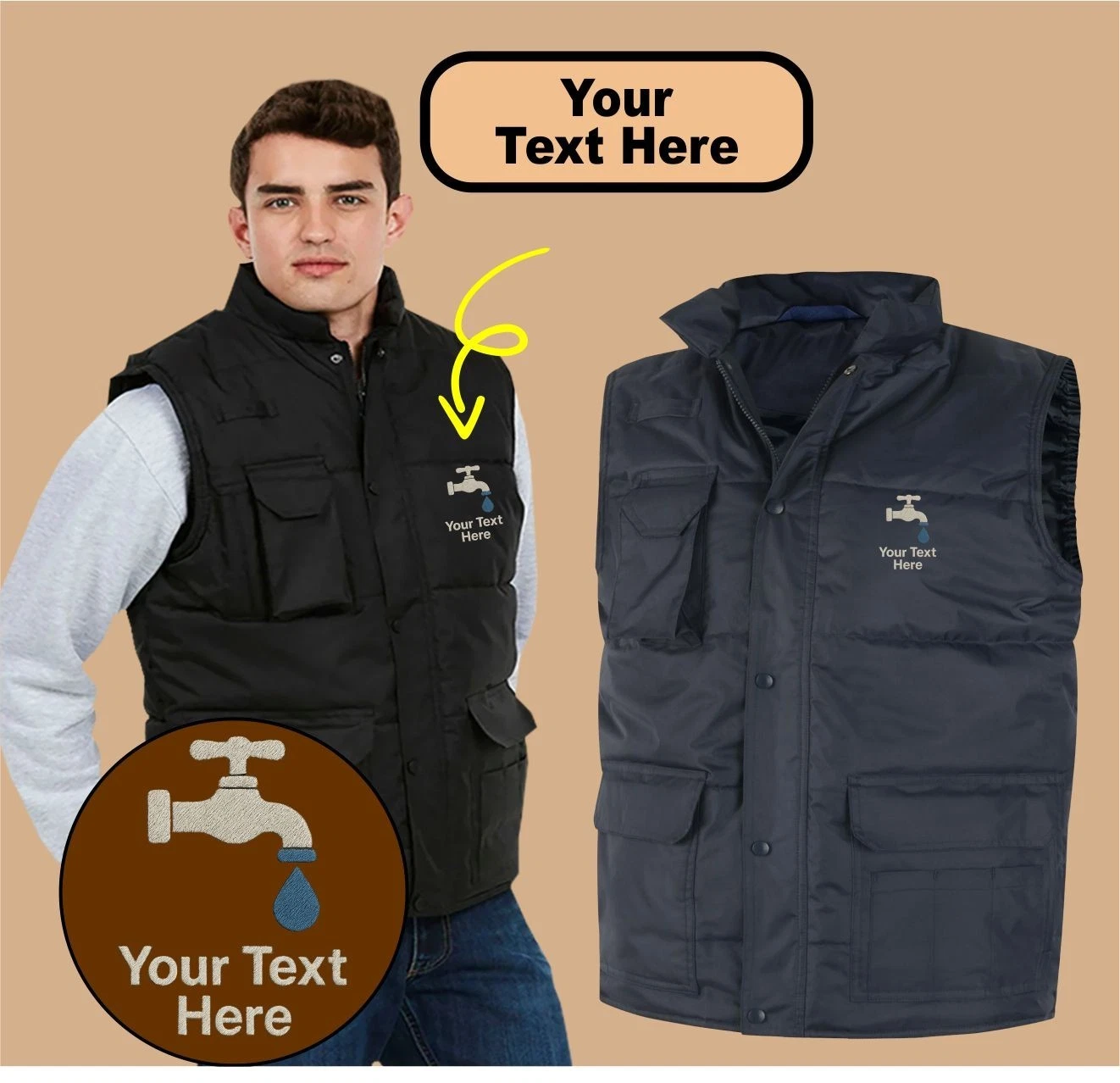 Personalised Embroidered Body Warmer With Plumber Logo Custom Text Workwear Top