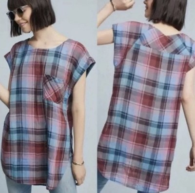 Anthropologie AKEMI + KIN Women s XS Plaid Cap Sleeve Tunic Length Blouse 