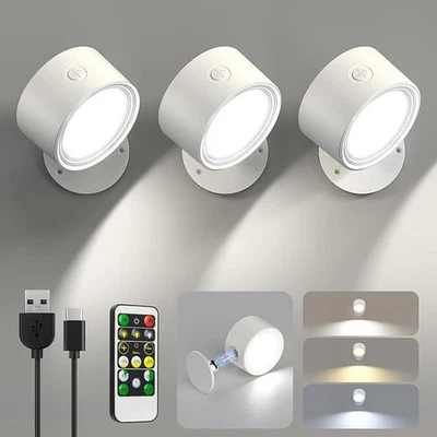 LIGHTBIZ Remote Control Rechargeable LED 360° Dimmable Wall Mount Light - 3 Pack. WHITE