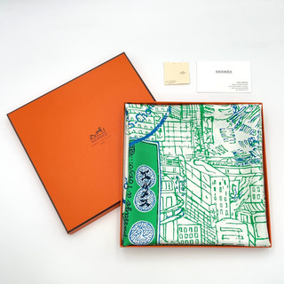 Auth Hermes Carré 90 De passage à Tokyo Green x White Silk Scarf W/Box BA100096