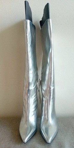 Vintage 70s Retro Style Zara Metallic Silver Knee High Heel Boots UK6 Bnwt - Picture 2 of 11